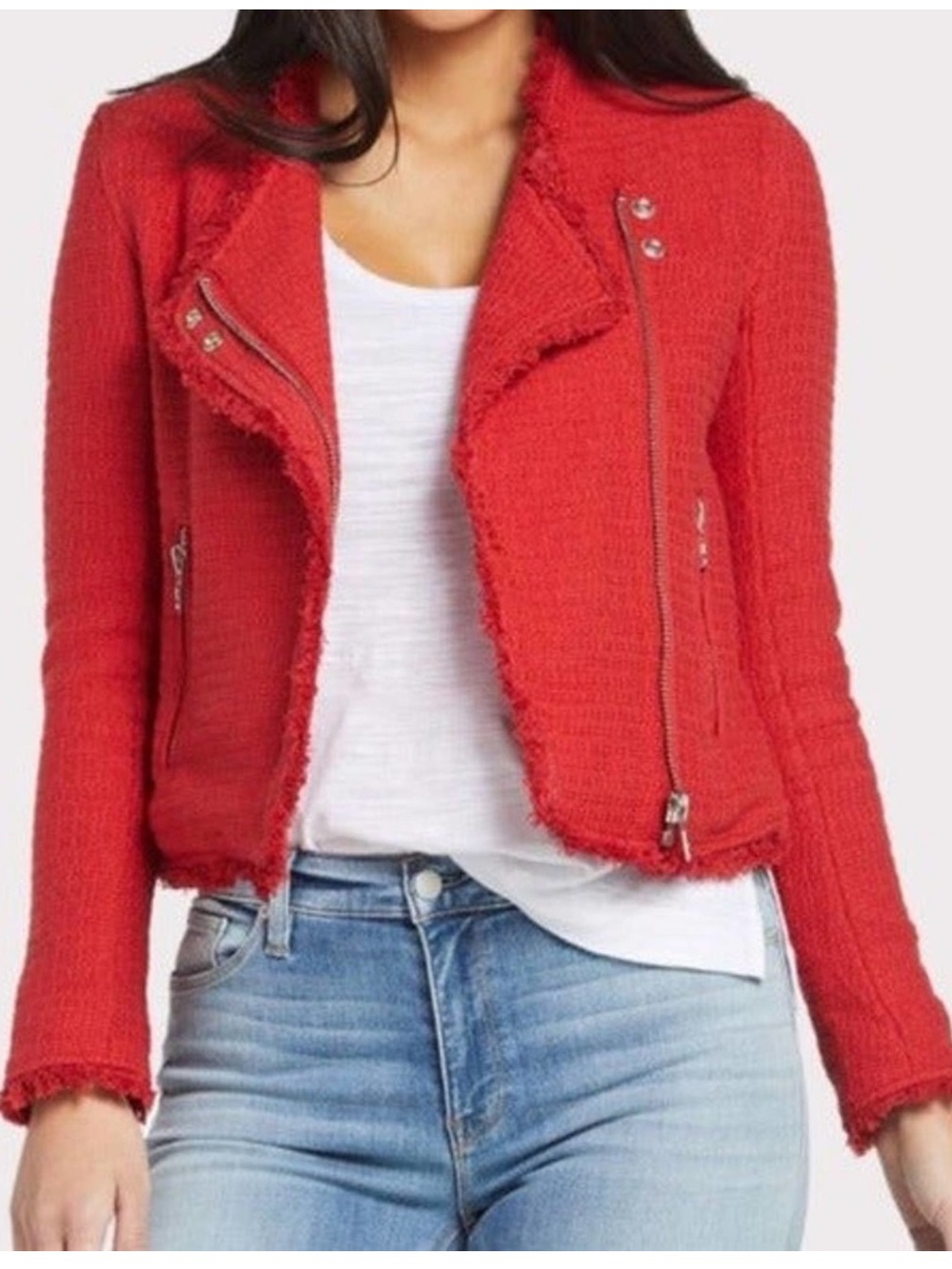 Blank NYC Textured Red Jacket with Fringe